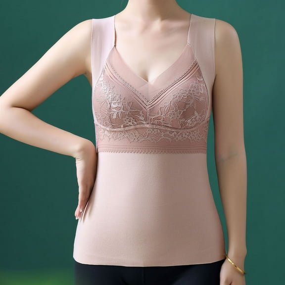Thermal Underwear Tops For Women Winter V-Neck Fleece Lined Lace Thermal Shaping Shirts Pink XXXXL