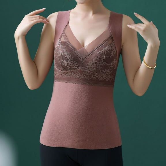 Thermal Underwear Tops For Women Winter V-Neck Fleece Lined Lace Thermal Shaping Shirts Wine XXXL