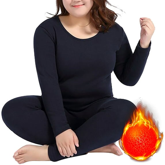 Rigardu Thermal Underwear for Women Crew Neckwomen's Thermal Underwear Long Top & Bottom Set Solid Color Mm Plus Plus Size Long Underwear Wool Plus Light Women's Thermal Underwear Sets Black L