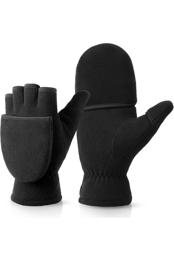 Thermal Winter Gloves: Windproof 2 in 1 Convertible Mittens for Men & Women (Black)