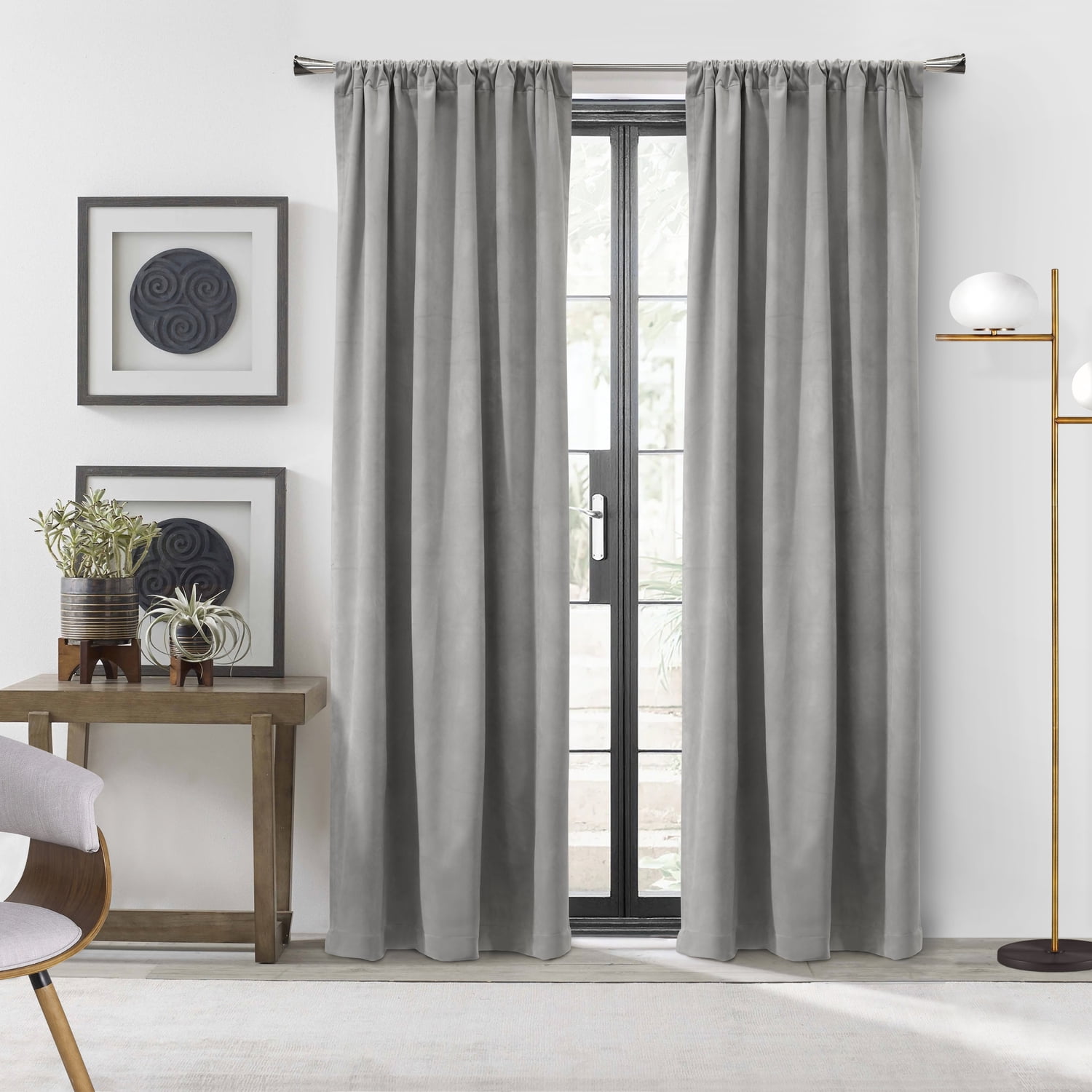 Silver Velvet Room-Darkening Dual Header Curtain Panel 50 x 63 in