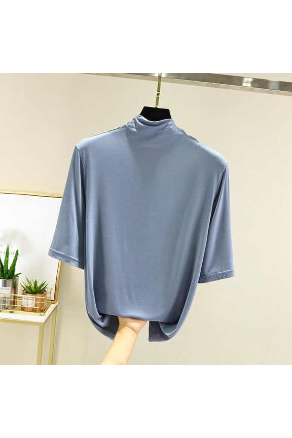 Thermals For Women Long Sleeve Shirt Ladies' Color Five-quarter Sleeve High-neck Undershirt Top,Light Blue,XL