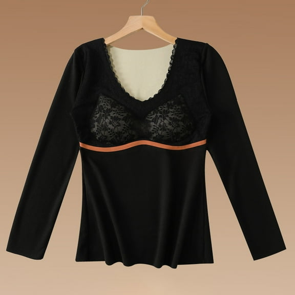 Thermals For Women Long Sleeve Shirt Women's Winter Self-heating Lace Warm And Seamless Fleece Bottoming Cold-proof,Black,XL