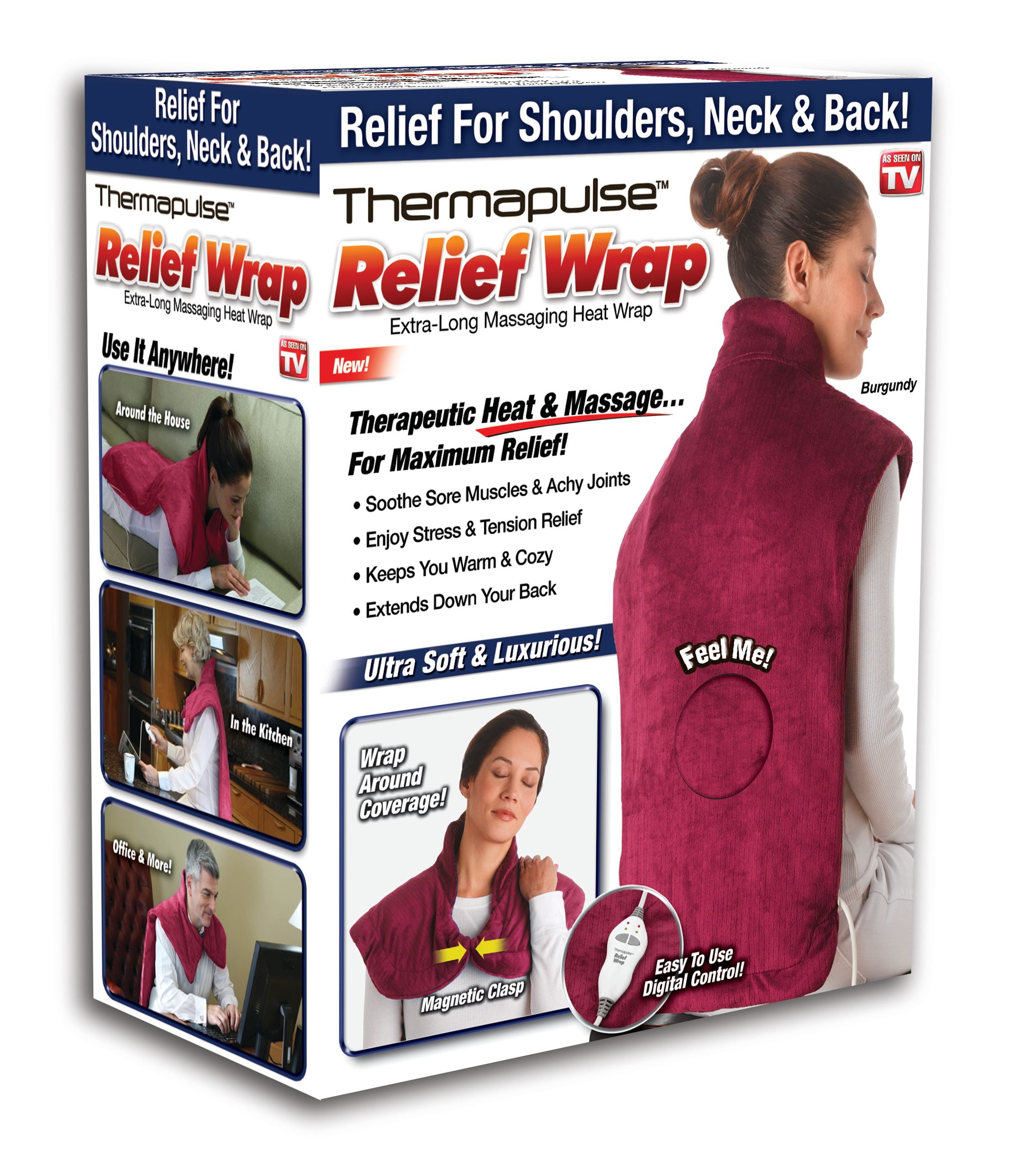 Thermapulse Relief Wrap, Heat and Massage Therapy for Shoulders and Back, Burgundy, As Seen on TV