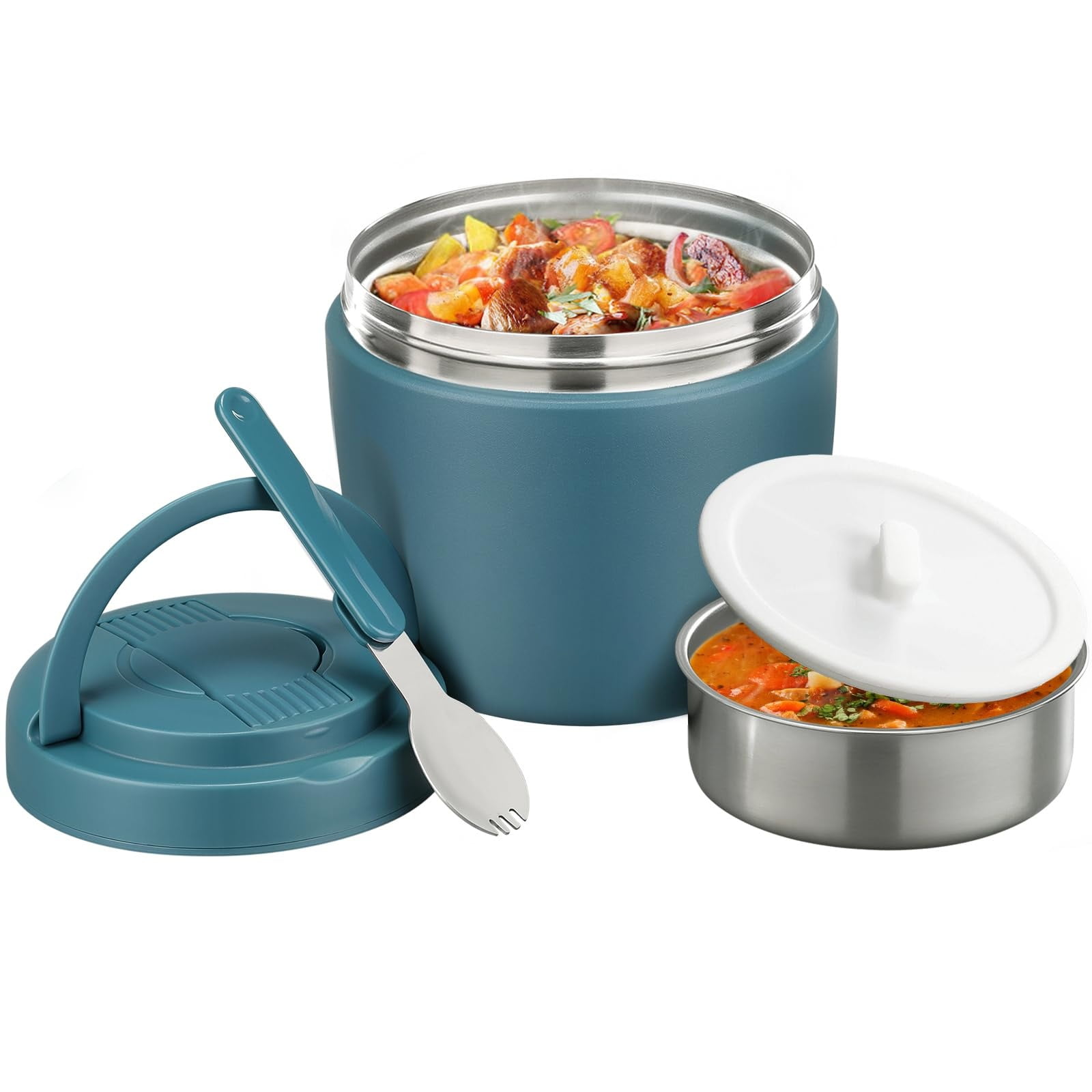 Thermo Food Jar for Hot Food Adults 32OZ Soup Thermo Lunch Containers Wide Mouth Vacuum Insulated Stainless Steel Leakproof Bento Box with Spoon (lake blue)