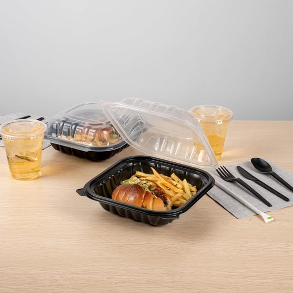 Thermo Tek 34 Ounce Clamshell Containers, 100 Disposable Take Out Boxes - Ventilated Lids, Microwavable, Black Plastic Meal Prep Containers, For Pastas, Salads, Or Sandwiches -