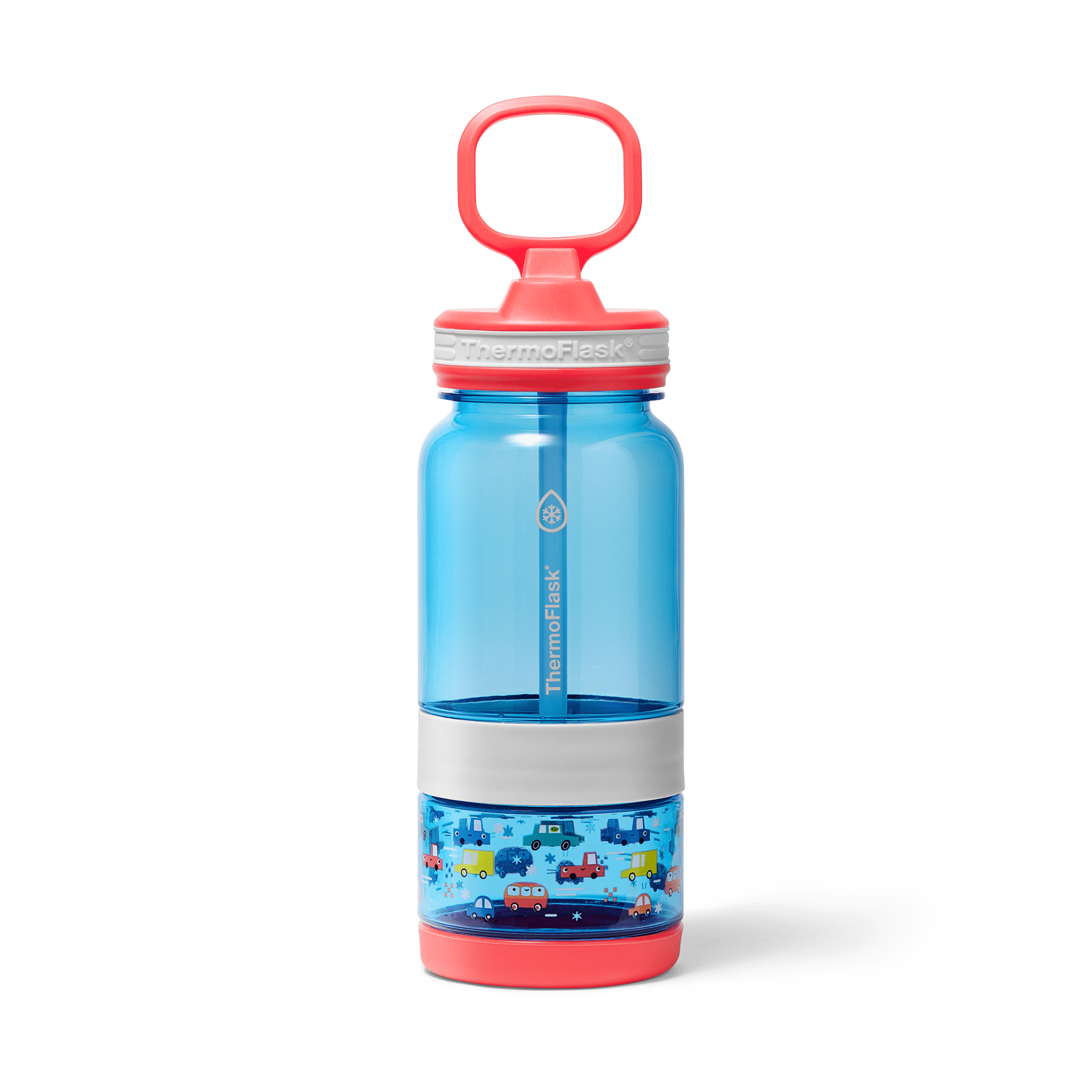 ThermoFlask 14 oz 2-in-1 Snack and Sip Durable Tritan Bottle with Integrated Snack Cup Compartment - Leakproof Folding Straw Lid - Protective Bumper - Cars Design