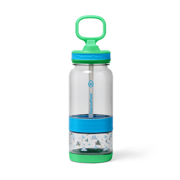 ThermoFlask 14 oz 2-in-1 Snack and Sip Durable Tritan Bottle with Integrated Snack Cup Compartment - Leakproof Folding Straw Lid - Protective Bumper - Sharks Design
