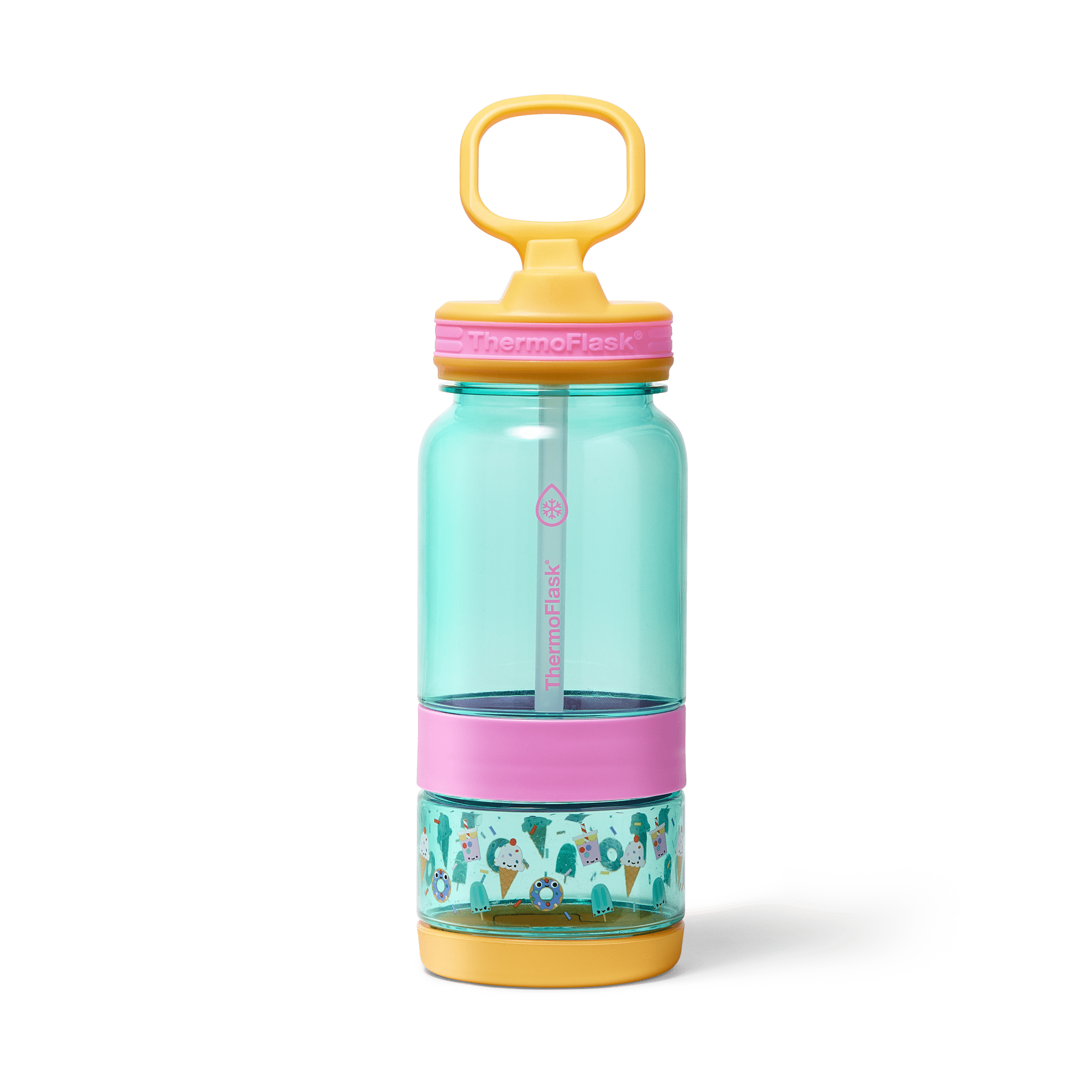 ThermoFlask 14 oz 2-in-1 Snack and Sip Durable Tritan Bottle with Integrated Snack Cup Compartment - Leakproof Folding Straw Lid - Protective Bumper - Sweet Treats Design
