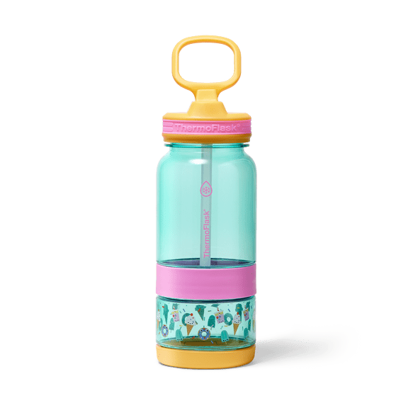 ThermoFlask 14 oz 2-in-1 Snack and Sip Durable Tritan Bottle with Integrated Snack Cup Compartment - Leakproof Folding Straw Lid - Protective Bumper - Sweet Treats Design