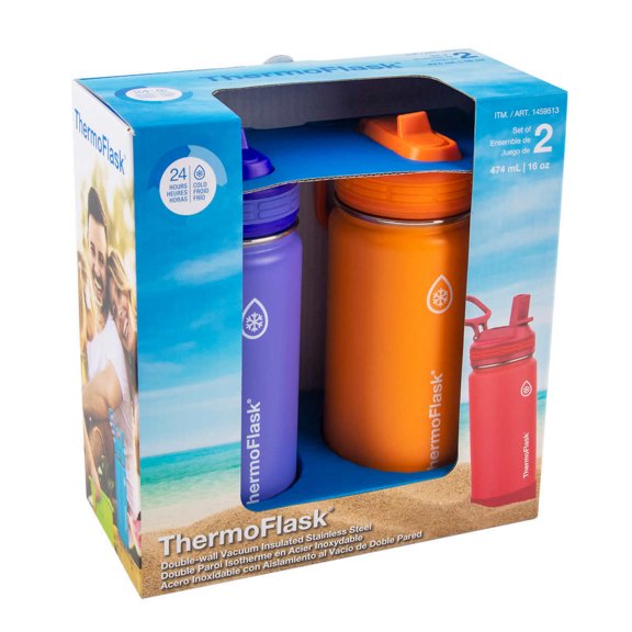 ThermoFlask 16 oz Double Wall Vacuum Insulated Stainless Steel 2-Pack of Water Bottles, Purple/Orange