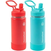 ThermoFlask 16oz Stainless Steel Water Bottle, 2-Pack, Red and Aquamarine