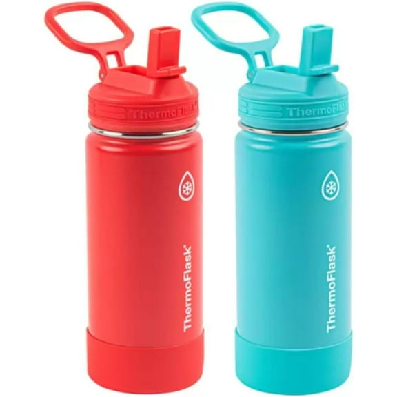 ThermoFlask 16oz Stainless Steel Water Bottle, 2-Pack, Red and Aquamarine