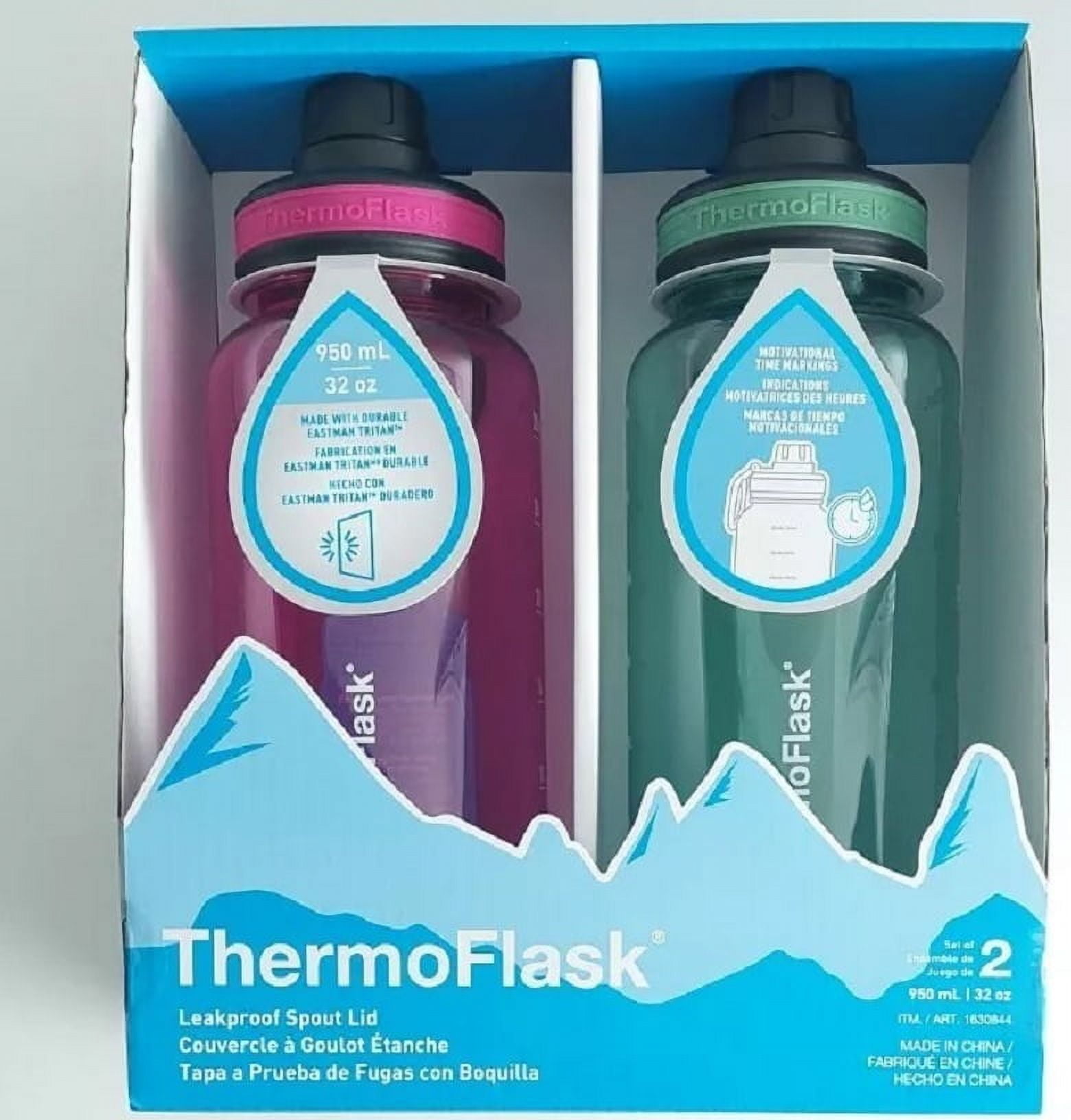 ThermoFlask 32 oz. Water Bottle, 2-pack, Green and Pink.