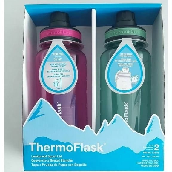 ThermoFlask 32 oz. Water Bottle, 2-pack, Green and Pink.