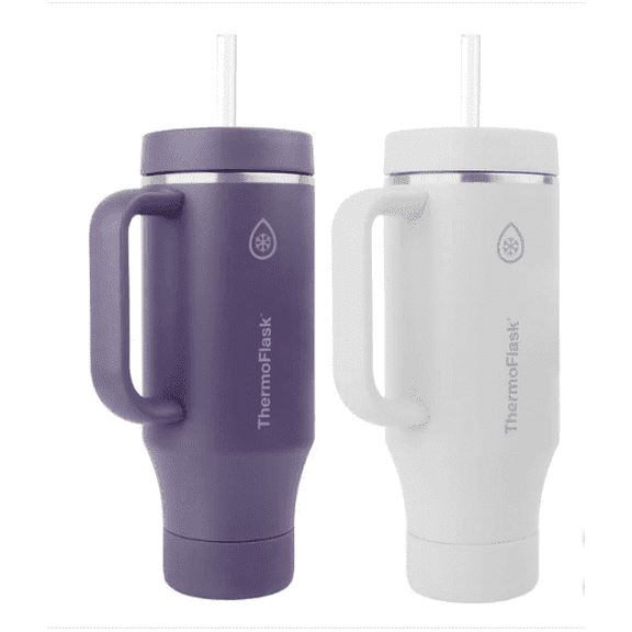 ThermoFlask 40 oz Insulated Stainless Steel Tumbler with Handle and Straw Lid, 2-pack Purple