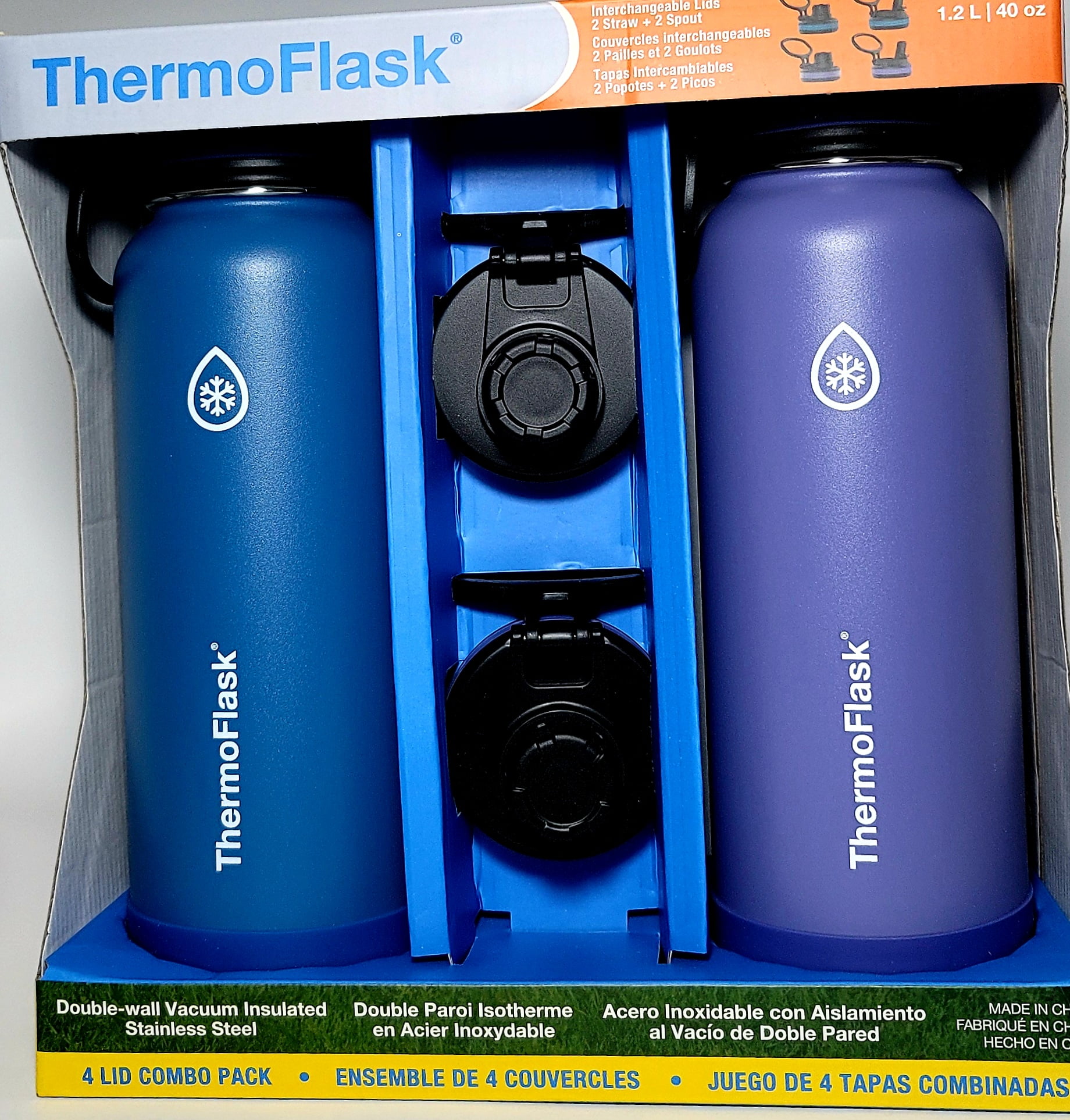 ThermoFlask Double Wall Vacuum Insulated Stainless Steel 2-Pack of Water  Bottles, 40 Ounce, Superior Blue/Mauve
