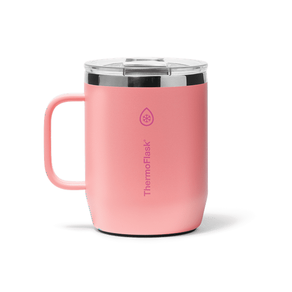 ThermoFlask Drinkware 12 oz Coffee Mug - Double-Wall Insulated for Hot & Cold Drinks - Lightweight & Simple with Innovative Press In Slider Lid - Modern & Durable - Sunkissed Coral