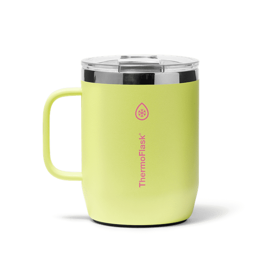 ThermoFlask Drinkware 12 oz Coffee Mug - Double-Wall Insulated for Hot & Cold Drinks - Lightweight & Simple with Innovative Press In Slider Lid - Modern & Durable - Unmellow Yellow