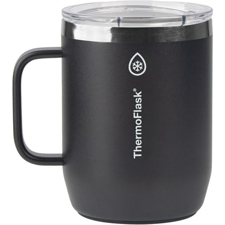 ThermoFlask Drinkware Collection - 12 oz Insulated Coffee Mug with Leakproof Push N Sip Lid, Jet Black