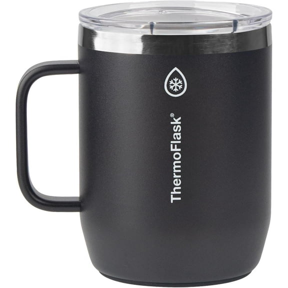 ThermoFlask Drinkware Collection - 12 oz Insulated Coffee Mug with Leakproof Push N Sip Lid, Jet Black
