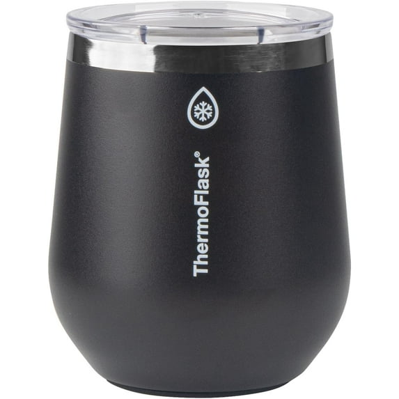 ThermoFlask Drinkware Collection - 12 oz Insulated Wine Tumbler with Leakproof Push N Sip Lid, Jet Black