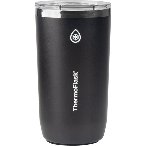 ThermoFlask Drinkware Collection - 16 oz Insulated Beer Tumbler Mug with Leakproof Push N Sip Lid, Jet Black
