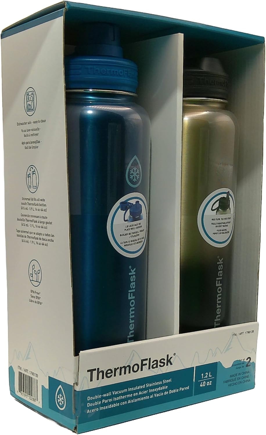 ThermoFlask Stainless Steel Water Bottle, 40 Fluid Ounce (2 Pack)  (Blue/Silver)