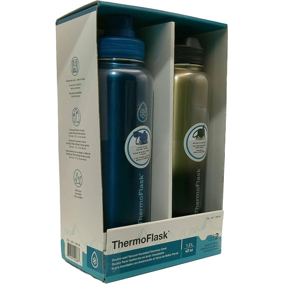 ThermoFlask Stainless Steel Water Bottle, 40 Fluid Ounce (2 Pack) (Blue/Silver)