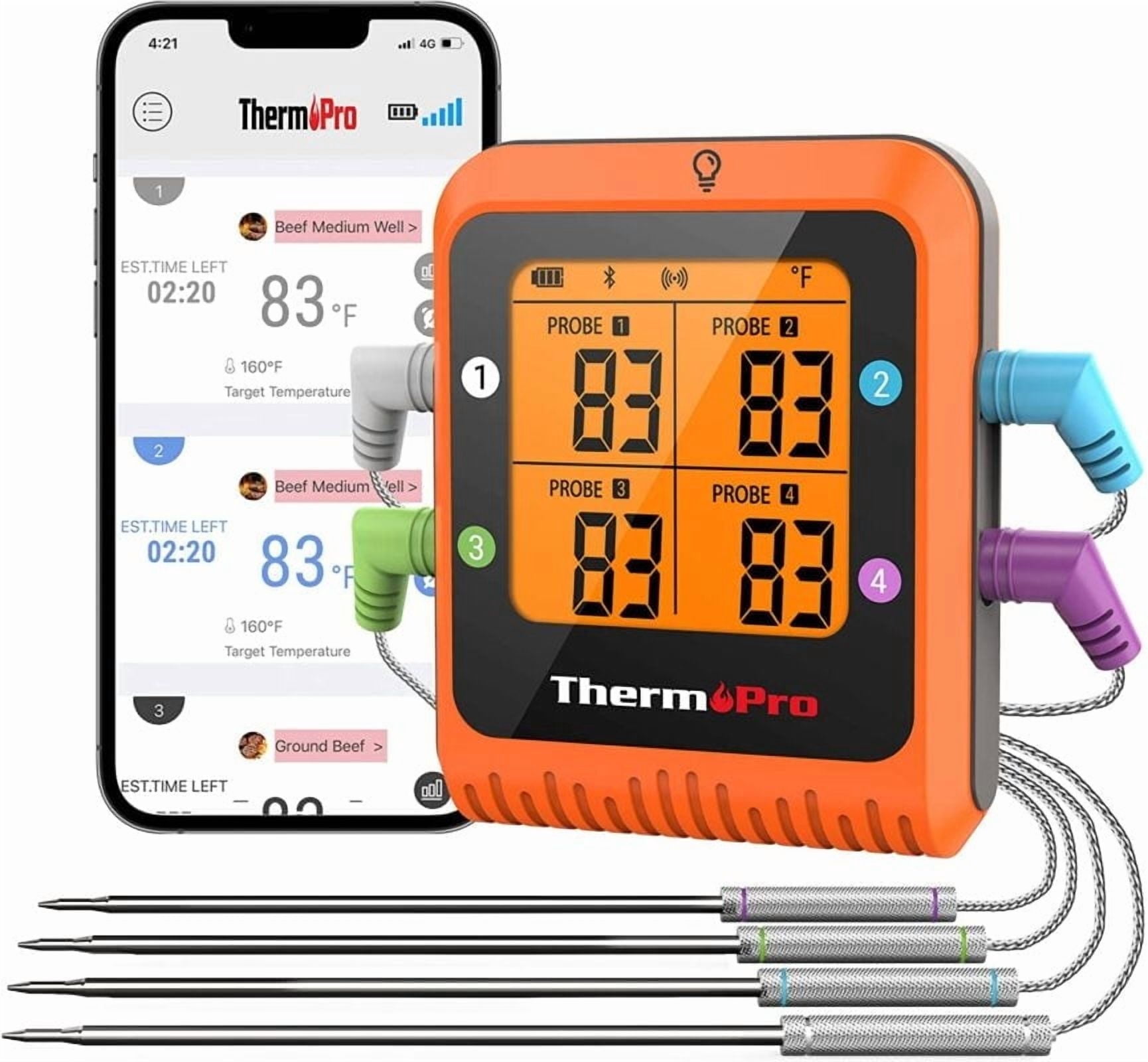 ThermoPro 650 ft Bluetooth Meat Thermometer with 4 Color-Coded Probes, Wireless Meat Thermometer