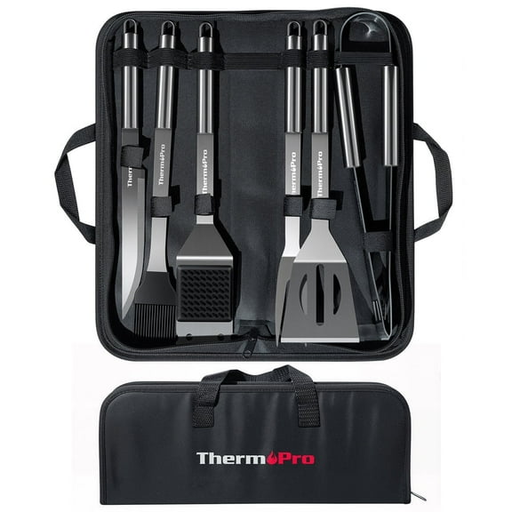 ThermoPro BBQ Grill Tool Set, 6-Piece Stainless Steel Grilling Accessories with Spatula, Tongs, Fork, Knife, Basting Brush, Cleaning Brush and Portable Storage Bag
