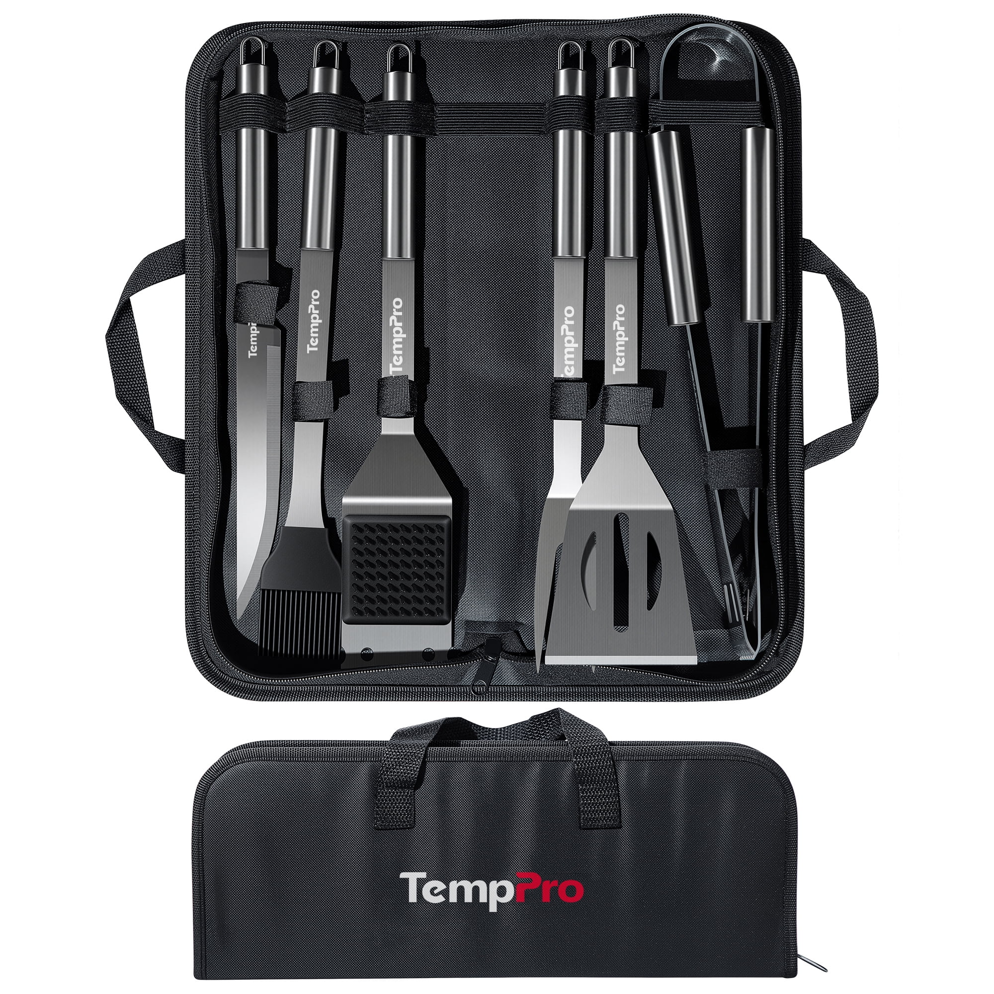 TempPro BBQ Grill Tool Set, 6-Piece Stainless Steel Grilling Accessories with Spatula, Tongs, Fork, Knife, Basting Brush, Cleaning Brush and Portable Storage Bag (Formerly ThermoPro)