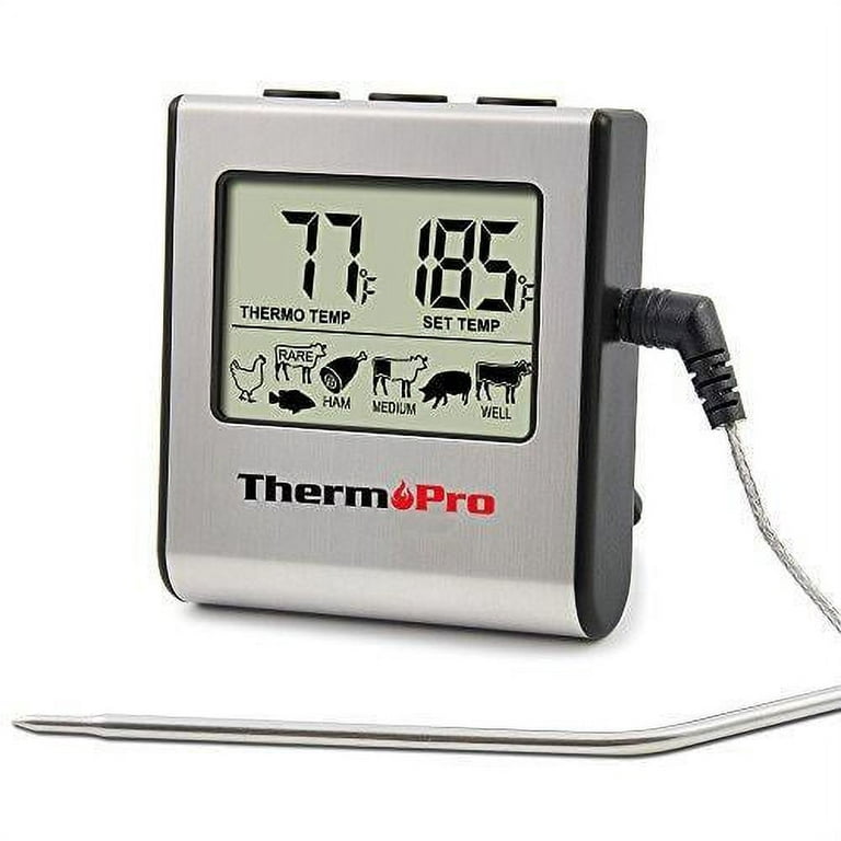 ThermoPro TP-16 Large LCD Digital Cooking Food Meat Thermometer for Smoker Oven Kitchen BBQ Grill Thermometer Clock Timer with Stainless Steel
