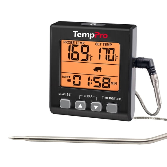 TempPro TP16SW Digital Meat Thermometer for Cooking and Grilling, BBQ Food Thermometer with Backlight and Kitchen Timer, Grill Temperature Probe Thermometer for Smoker, Barbecue, Oven, Cookware