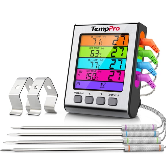 ThermoPro TP17H Digital Meat Thermometer Kitchen Cooking Thermometer with 4 Colourful Temperature Probes for Oven Grill, Smoker, BBQ, Liquids, Candy, Oil, Deep Frying with Backlight