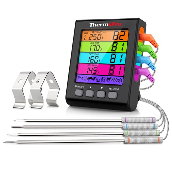 ThermoPro TP17HW Digital Meat Thermometer with 4 Temperature Probes, HI/LOW Alarm Smoker Food Thermometer with Colored Backlit LCD, BBQ Thermometer for Cooking Grilling Kitchen Oven Barbecue Turkey