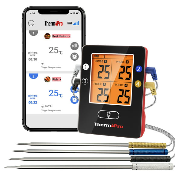 ThermoPro TP25W Bluetooth Meat Thermometer with 650FT Wireless Range 4-Probe Smartphone Compatible (iOS/Android)