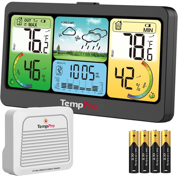 TempPro TP280B Wireless Weather Station, Indoor Outdoor Thermometer Hygrometer Barometer, 1000 ft Wireless Range, 24-Hour Forecast, 7-Inch Backlit Display, Black