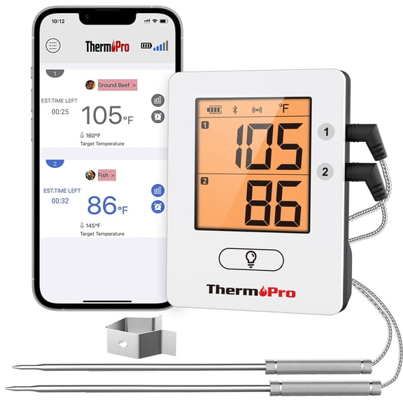 ThermoPro TP910 650FT Bluetooth Meat Thermometer for Smokers, Rechargeable Wireless Meat Thermometer for Grilling with 2 Probes, Grill BBQ Thermometer with Smart Timer, Alarm, Cook Time Estimator