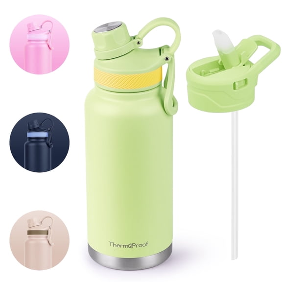 ThermoProof 32oz Fresh Mint Vacuum Insulated Stainless Steel Water Bottle, Wide Mouth, Spout & Straw Lids