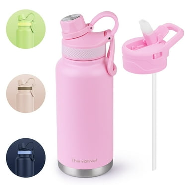 ThermoProof Double-Walled Vacuum Insulated Stainless Steel Water Bottle - Wide Mouth Canteen, Spout & Straw Lids, Dishwasher Safe, Reusable, Leakproof, Hot & Cold for Men, Women & Kids - 32 oz, Pink