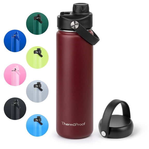ThermoProof Double-Walled Vacuum Insulated Stainless Steel Water Bottle, Wide Mouth, Leakproof, 22oz, Burgundy