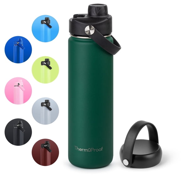 ThermoProof Double-Walled Vacuum Insulated Stainless Steel Water Bottle, Wide Mouth, Leakproof, 22oz, Forest Green