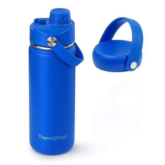 ThermoProof Stainless Steel Water Bottle, 18oz, Blue, Vacuum Insulated, Wide Mouth, Leakproof, Reusable, Dishwasher Safe, Spout & Screw Lids