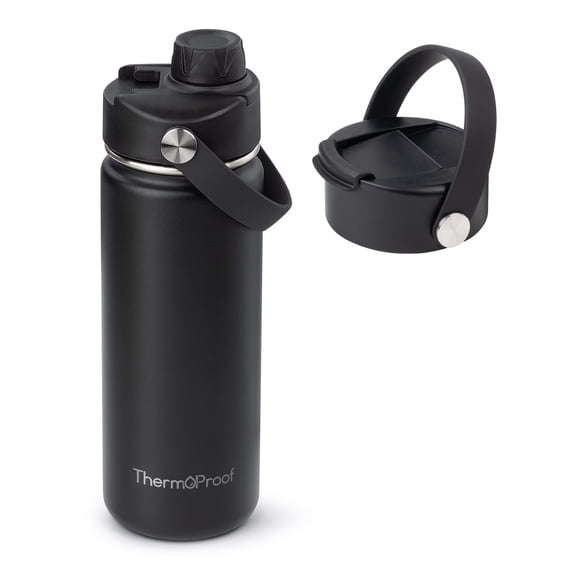 ThermoProof 18oz Black Stainless Steel Insulated Water Bottle, Wide Mouth, Leakproof, Reusable, Dishwasher Safe