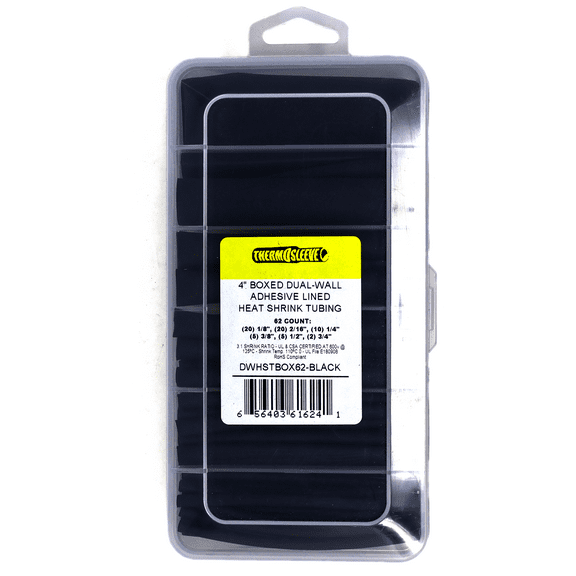 ThermoSleeve 62Pcs - 6 Mixed Sizes - 4" Cut Lengths (Black)