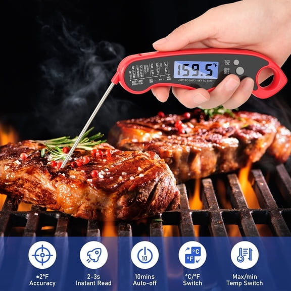 Thermometer Digital for Cooking Food. Waterproof & Instant Read for Kitchen Baking, BBQ. with Foldable Probe, Backlight & Calibration (Red)