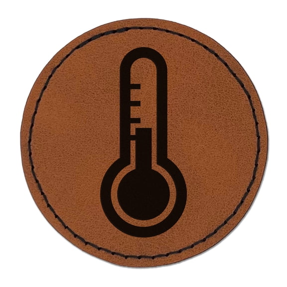 Thermometer Symbol 2.5" Faux Leather Round Engraved Iron-On Patch - Brown