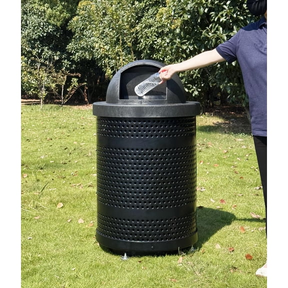Thermoplastic Perforated Metal 32 Gallon Outdoor Trash Can with Structural Foam Dome Lid, Black