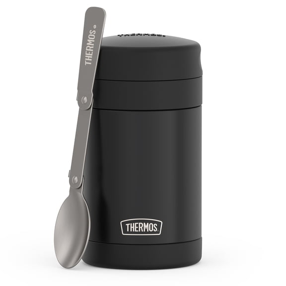 Thermos Vacuum Insulated Food Jar with Folding Spoon, Black, 16 Ounce